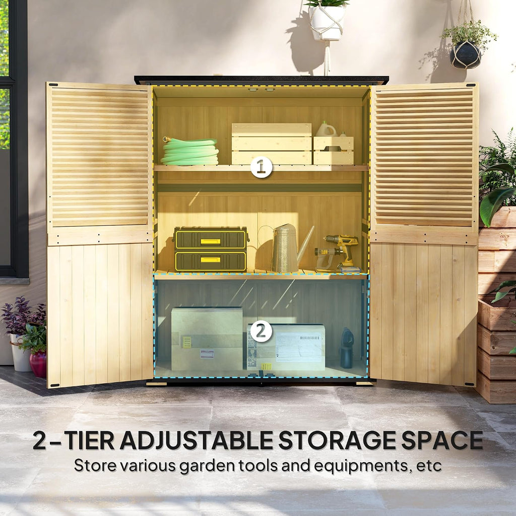 Outsunny Outdoor Storage Cabinet, Wood Garden Tool Shed with Lock, Steel Frame and Asphalt Roof, Garden Storage Shed with Adjustable Shelves and Feet for Patio Backyard Lawn, Natural