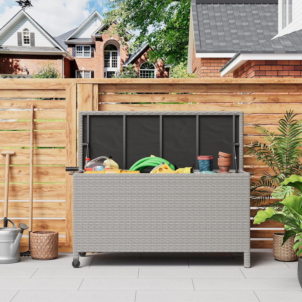 120 Gallon Rattan Deck Box, Outdoor Storage Box With Wheels and Handle, Waterproof Large Storage Bench Organizer for Patio Backyard Cushions, Pool Supplies and Garden Tools, Grey