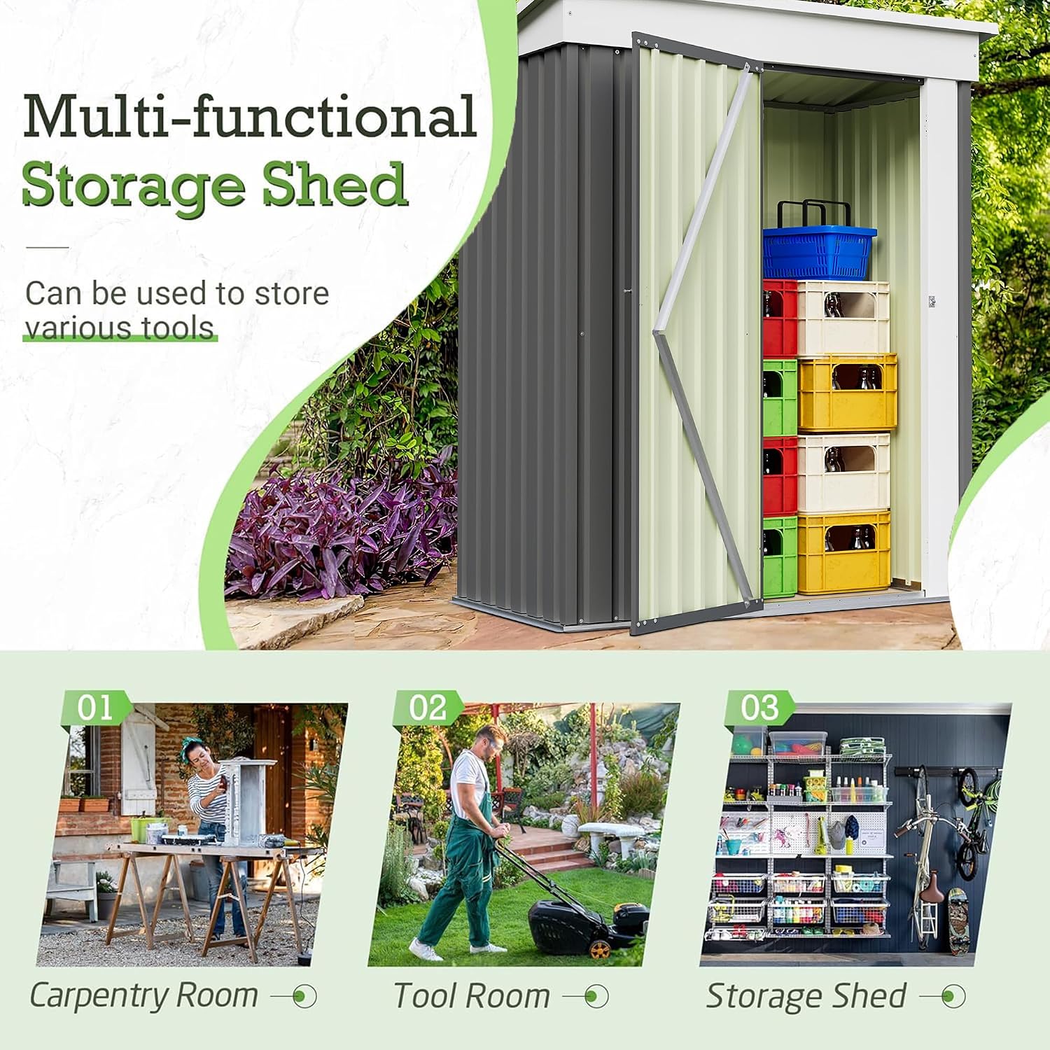 Furniwell 5x3 FT Outdoor Storage Shed, Metal Garden Sheds Outdoor Storage House with Single Lockable Door for Backyard Patio Lawn, Gray