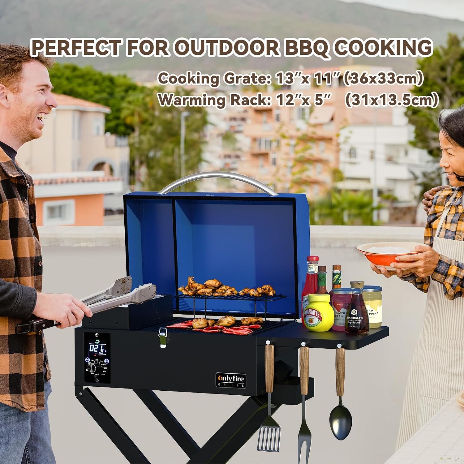 ONLYFIRE GRILLS BBQ Wood Pellet Grill Smoker with Foldable Cart, Meat Probe, 2 Tiers Cooking Area, Portable Smoking Grilling Stove for Outdoor Patio Cooking, RV Camping Tailgating, Blue GS342