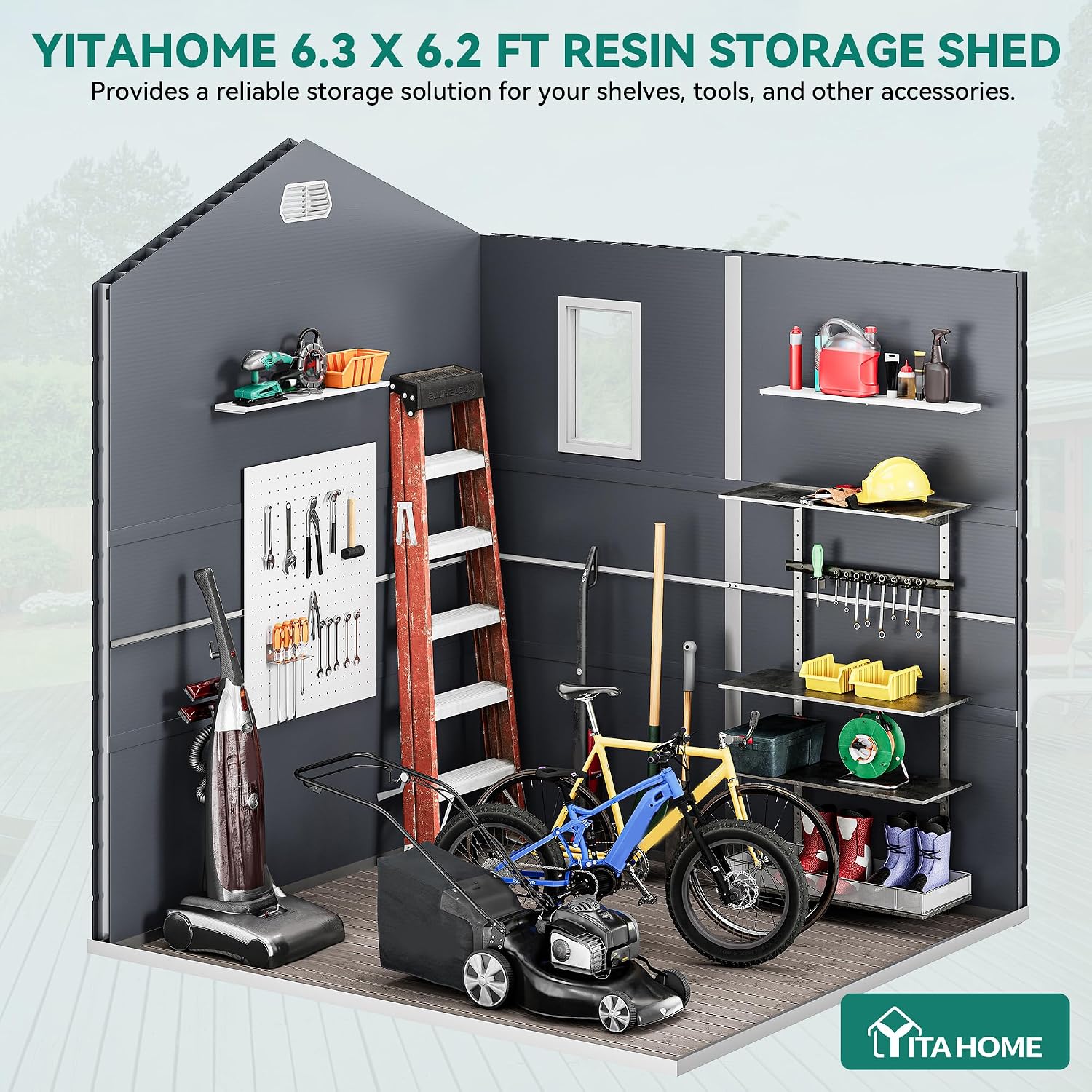 YITAHOME 6x6FT Resin Storage Unit sans Flooring, All-Weather Plastic Shed with Window, Vents and Secured Doors, Outdoor Plastic Tool Cabin for Poolside, Lawn, Backyard, Patio, Dark Gray