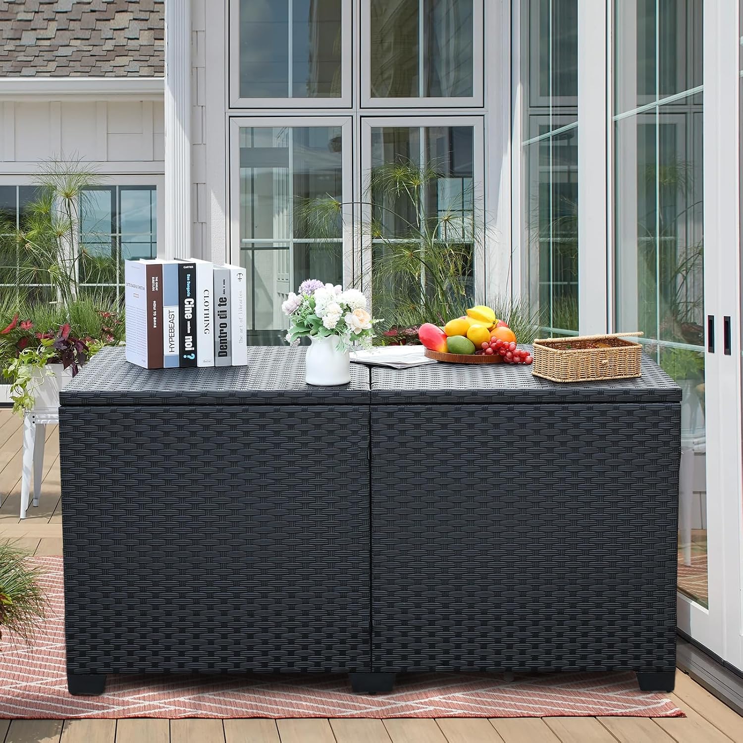 Rattan Star 180 Gallon Outdoor Storage Box Deck Storage Box Cushion Storage Bin Outdoor Large Patio Storage Bin with Waterproof Lining Bag, Black Wicker