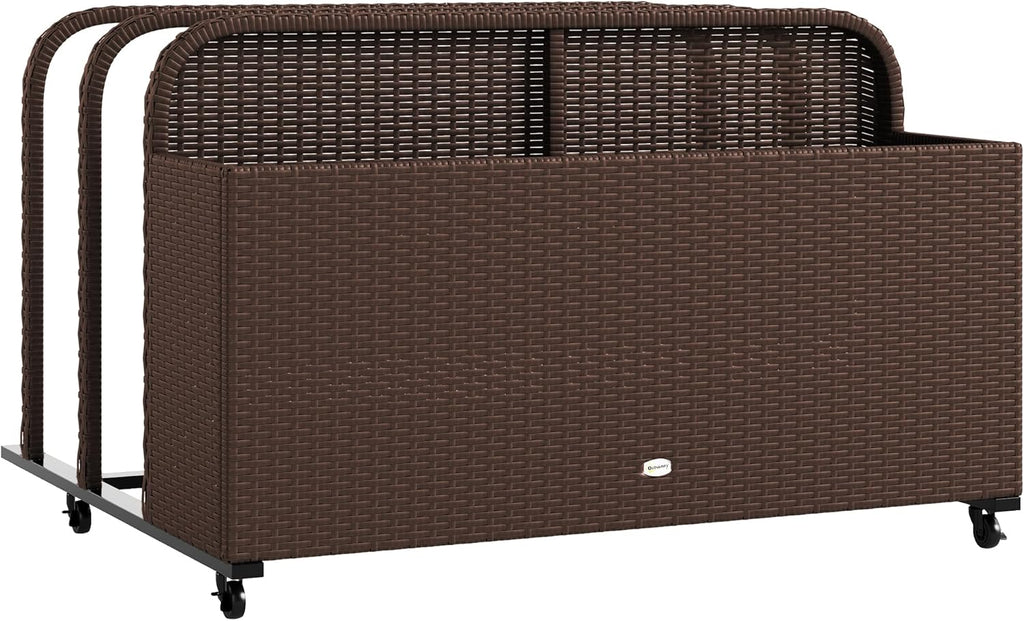 Outsunny Wicker Patio Pool Float Storage Basket, PE Rattan Outdoor Pool Caddy with Rolling Wheels for Floaties, Noodles, Life Vests, Beach Balls, Garden Furniture, Brown