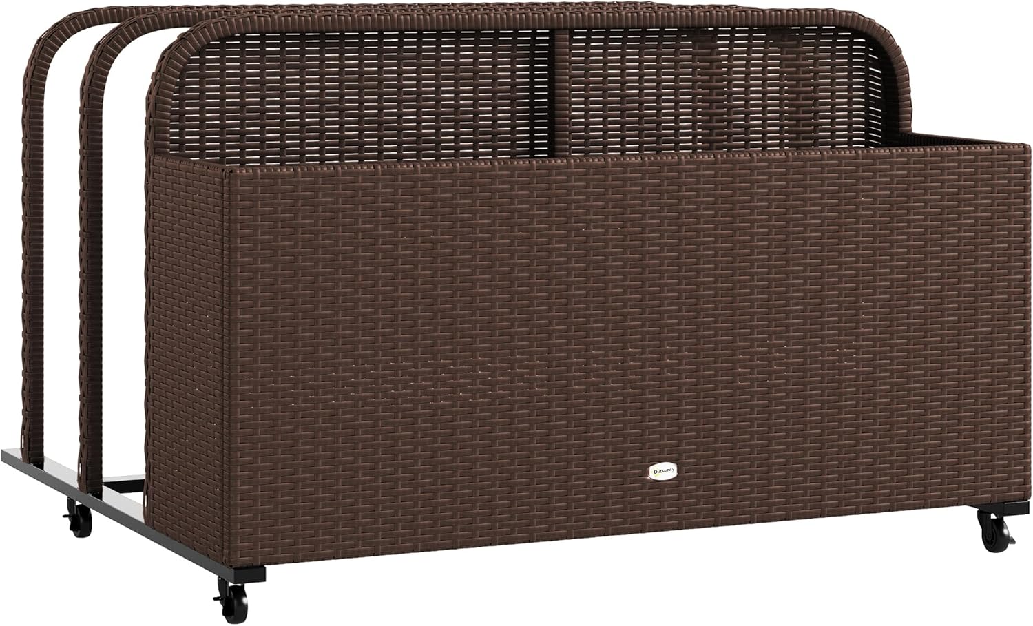 Outsunny Wicker Patio Pool Float Storage Basket, PE Rattan Outdoor Pool Caddy with Rolling Wheels for Floaties, Noodles, Life Vests, Beach Balls, Garden Furniture, Brown