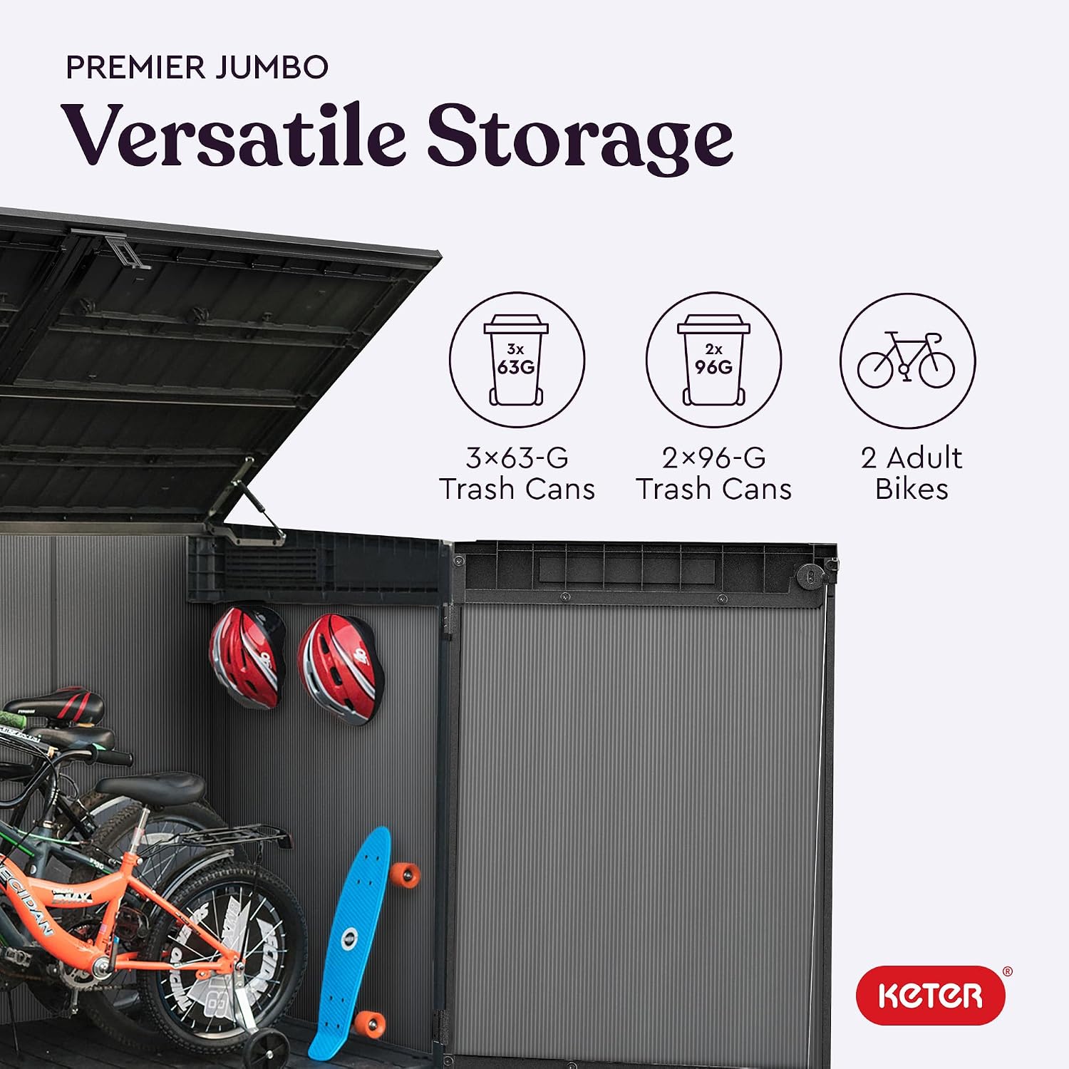 Keter Premier Jumbo 6.2 x 4.3 ft Outdoor Resin Horizontal Storage Shed for Garbage Bins, Yard Tools & Garden Equipment, All‑Weather, Lockable Outdoor Storage