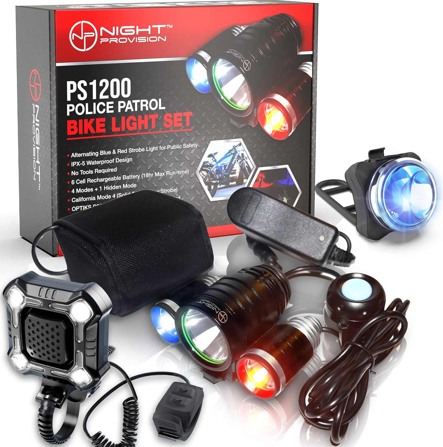 PS1200 Police Patrol Bike Light Set - Red/Blue Strobe LED - Rechargeable 18 Hr Max - Water Proof - 5 Modes - Heavy Duty Bicycle Lights for Professional Use