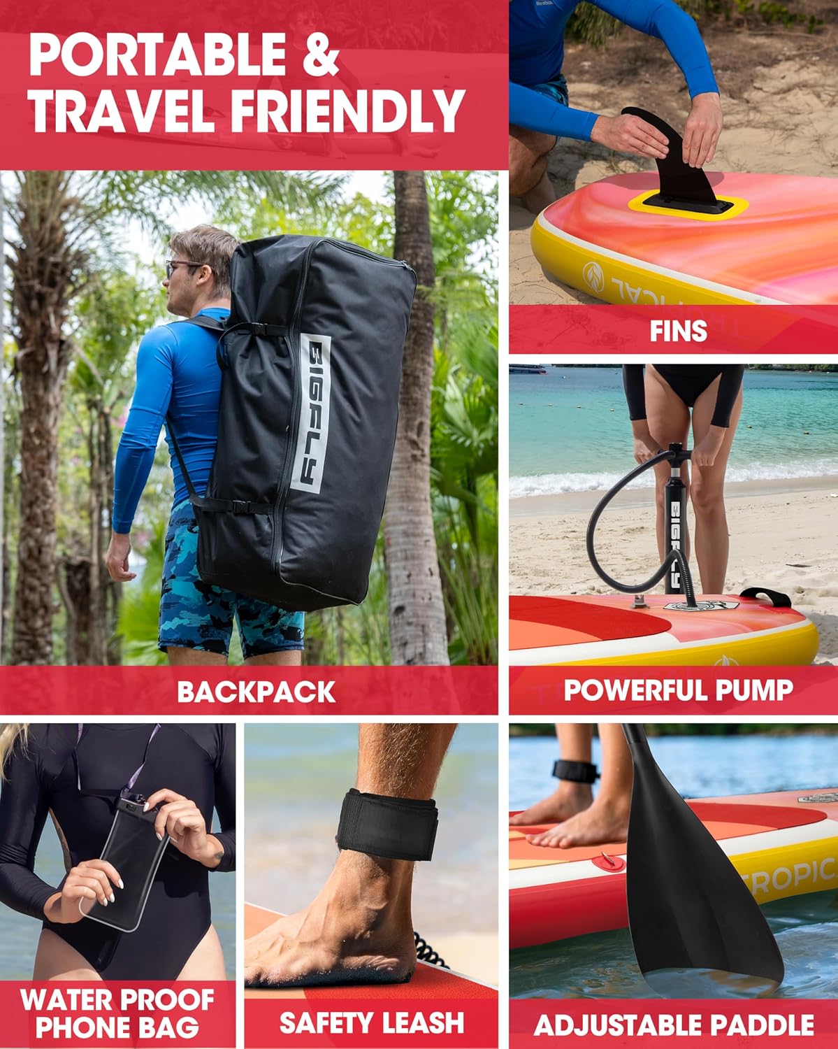 Bigfly Inflatable Stand Up Paddle Board 11'*34'*6', Blow Up Paddle Board for Adults,with Detachable Fins, Pump, Floating Paddle, Safety Leash,Backpack