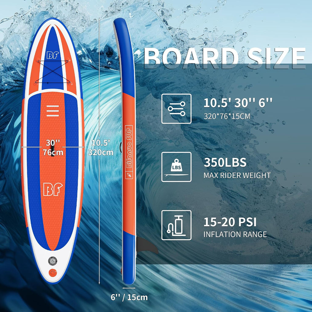 Bifanuo Inflatable Stand Up Paddle Board with SUP Accessories & Backpack. Paddle Boards for Adults. Non-Slip Deck, Wide Stance, Bottom Fin, Double Action Pump.