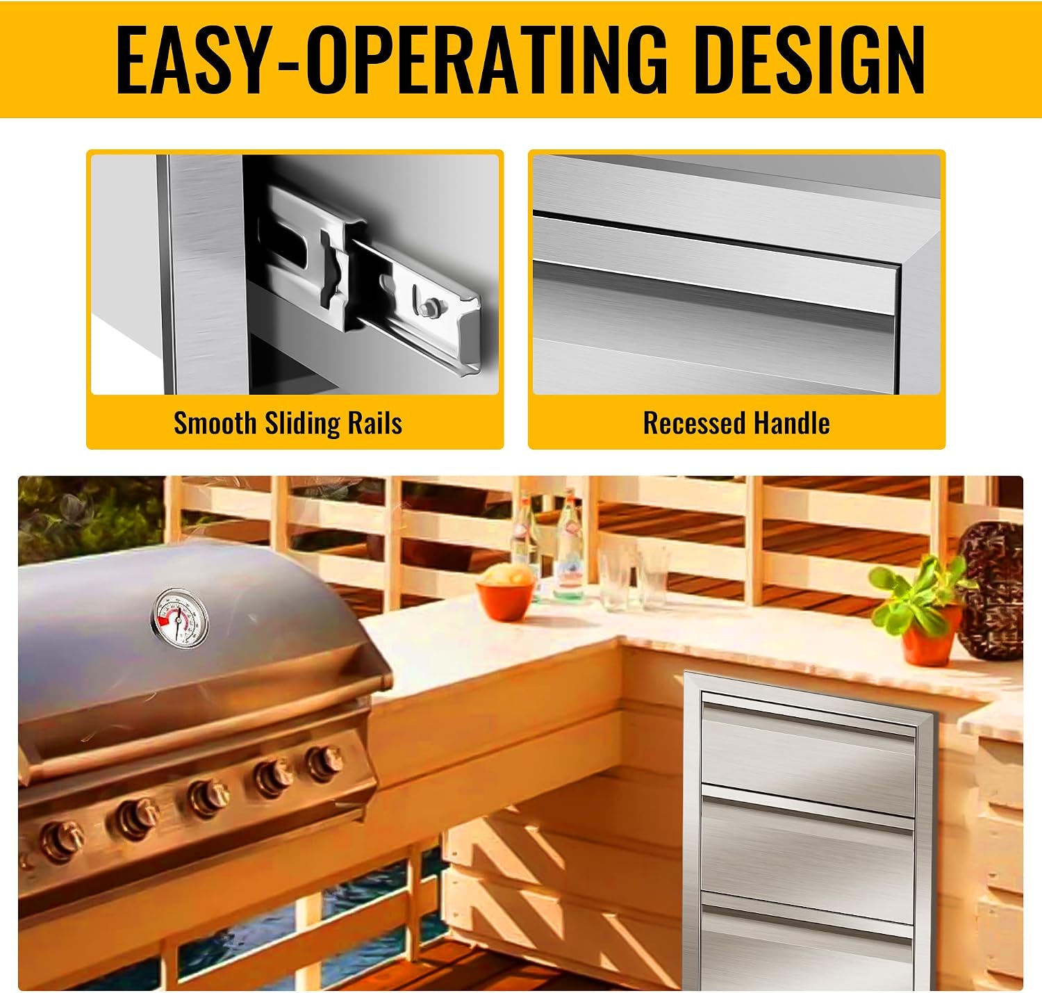 Outdoor Kitchen Drawers 14W x 21H x 23D Stainless Steel Flush Mount BBQ Triple Drawers for Outdoor Kitchen Island, or Patio Grill Station