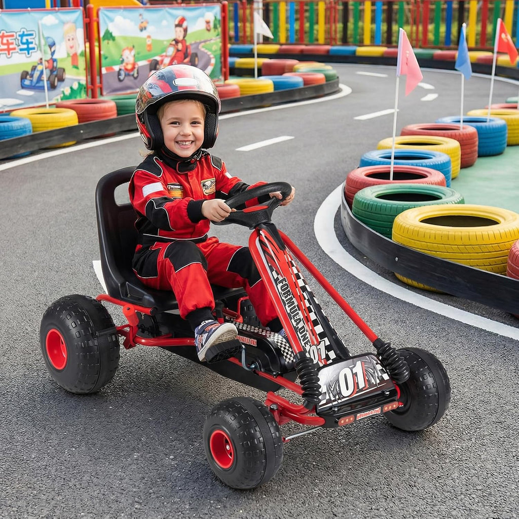 HONEY JOY Pedal Go Kart, 4 Wheeler Toddler Racing Ride On Pedal Car Toy, Forward/Backward, Ergonomic Seat, Handbrake, Steering Wheel, Outdoor Off-Road Go Cart for Kids, Boys Girls Gift (Red)