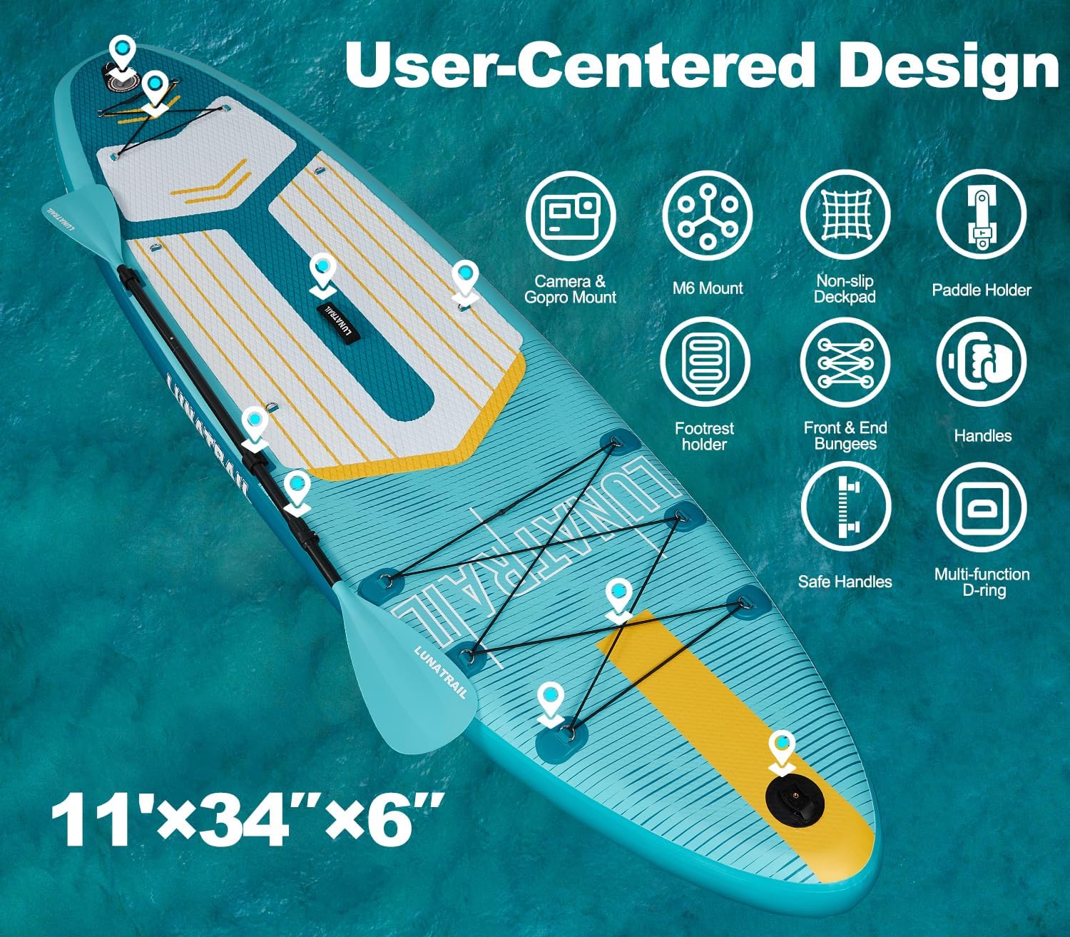 【11'×34'】 Extra Long/Extra Wide Premium Inflatable Stand Up Paddle Board (SUP) – Portable & Lightweight for Yoga, Surfing, Family Fun | Complete Kit with Paddle, Pump, Bag | Durable Design