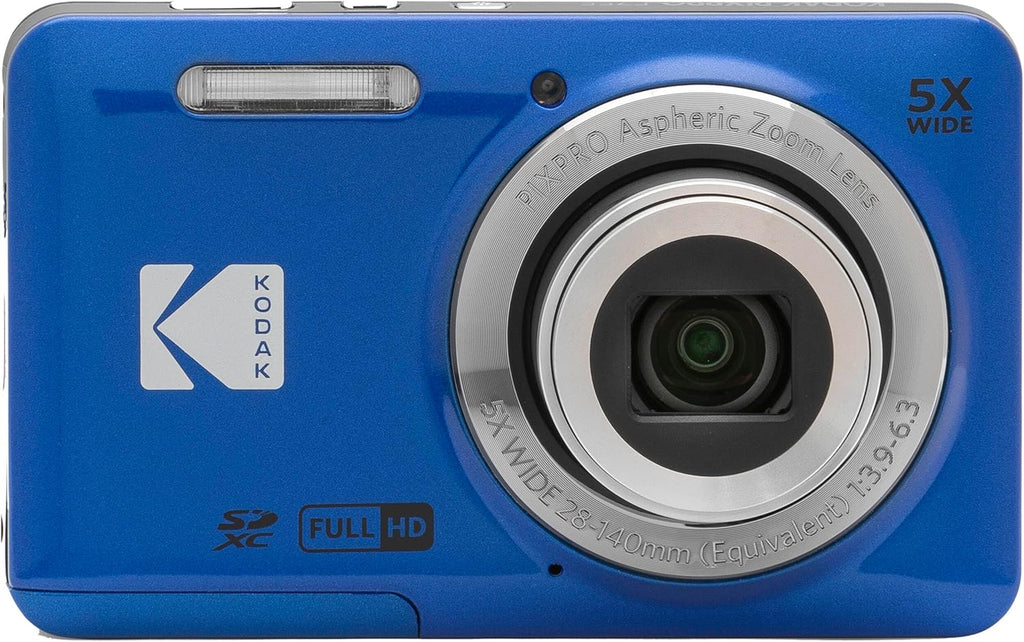 Kodak PIXPRO FZ55 Blue 16MP Digital Camera 5X Optical Zoom 28mm Wide Angle 1080P Full HD Video 2.7' LCD Camera + 64GB Card and Reader + Case + Memory Wallet + Tripod + Cleaning Bundle