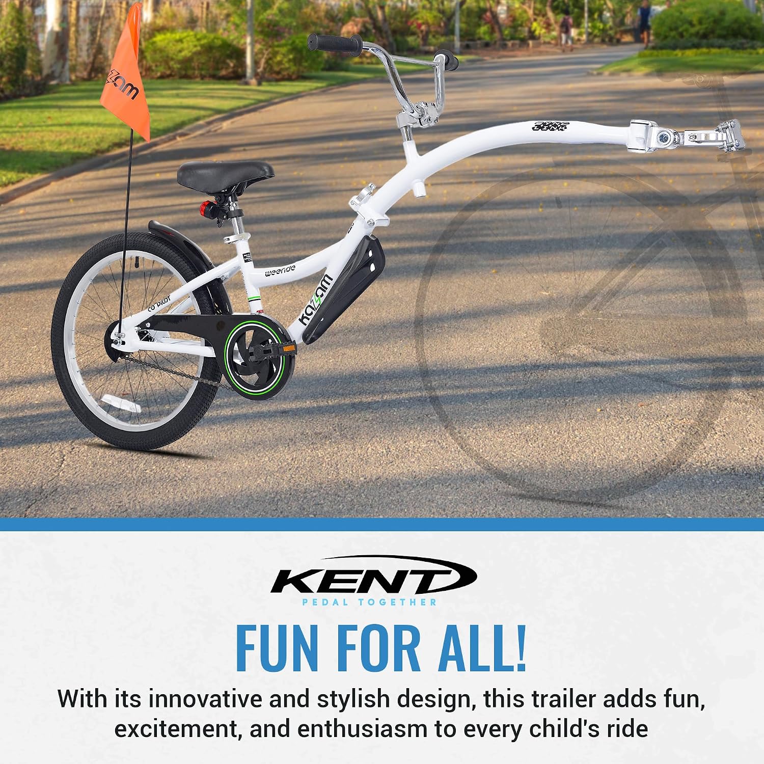 KaZAM Co-Pilot Bike Trailer - 20 Inch Bike Trailer with Adjustable BMX Stem and Handlebar - Lightweight Aluminum Frame and Padded Saddle for Cycling - Perfect for Family Rides