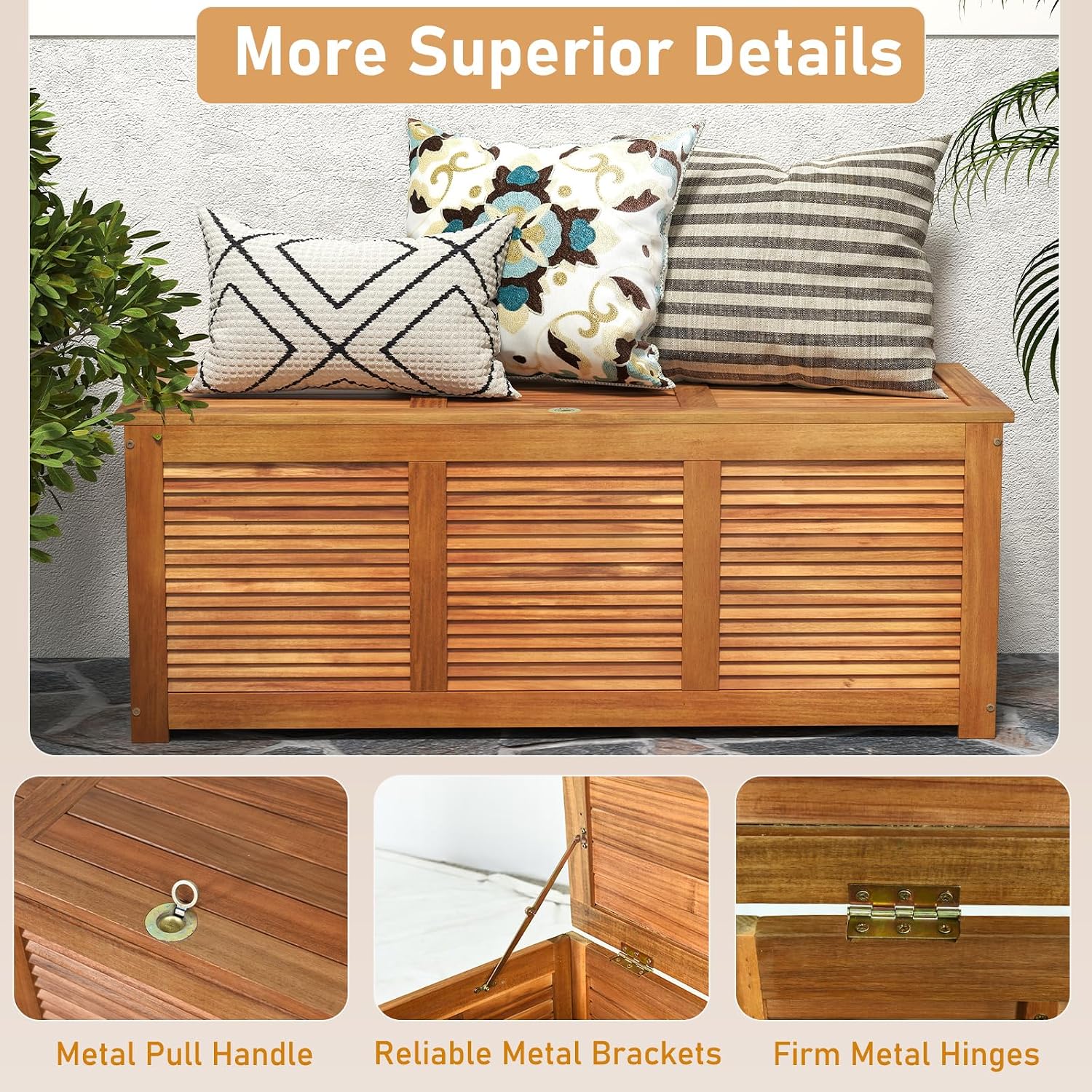 RELAX4LIFE Deck Box Acacia Wood, 46 Gallon Backyard Storage Bin Container for Patio Furniture Cushions, Pillows, Garden Tools, Pool Accessories, Wooden Porch Bench, Indoor Outdoor Storage Box (46 Gal)