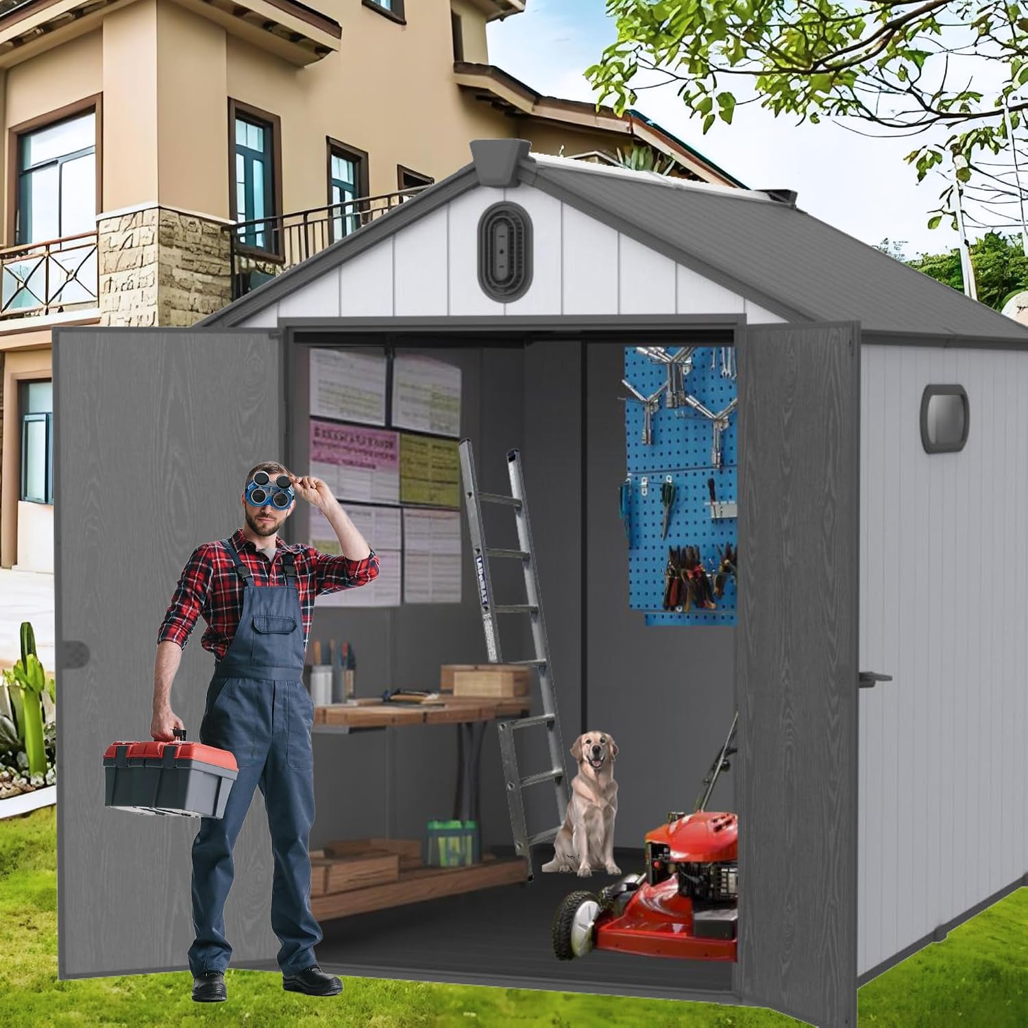YOPTO 6x8 FT Outdoor Storage Shed with Hinge Door,Window & Air Vent,Outdoor Plastic Tool House W/Waterproof Tilted Roof,Heavy Duty Stroage Unit for Backyard,Patio,Lawn,Garden,Grey+Black