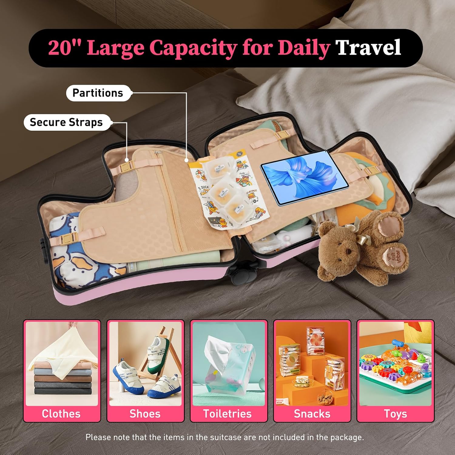 20In Portable Kids Luggage, 4 Wheels Ride-on Suitcase for Kids with Combination Lock and Safety Belt Kids Ride On Luggage Load-Bearing to 66Lbs for Travel and Business Trips