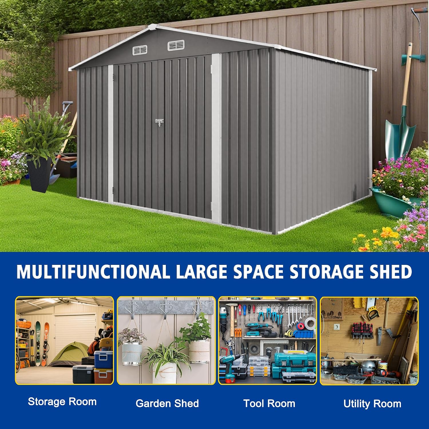10x8 FT Outdoor Storage Shed, Metal Garden Shed with 4-pane Window, Outside Tool Sheds with Lockable Hinged Doors, Waterproof Storage Building with 4 Air Vents for Backyard, Patio, Lawn, Gray