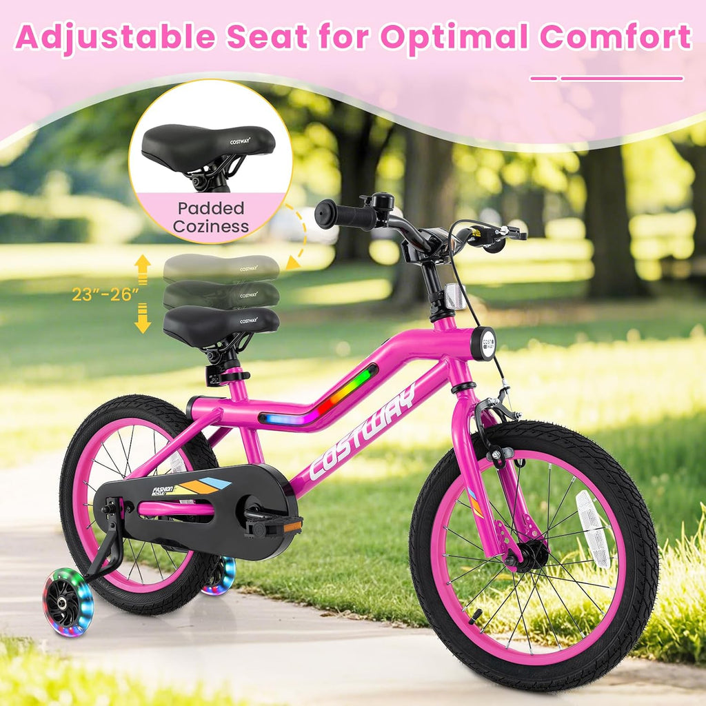 COSTWAY 16'/18' Lighted Kids Bike, Children Sport Bicycle with LED Light-up Frame, Adjustable Saddle, Training Wheels, Handbrake & Coaster Brake, Kids Riding Bike for 4-7/4-8 Years Old Boys & Girls