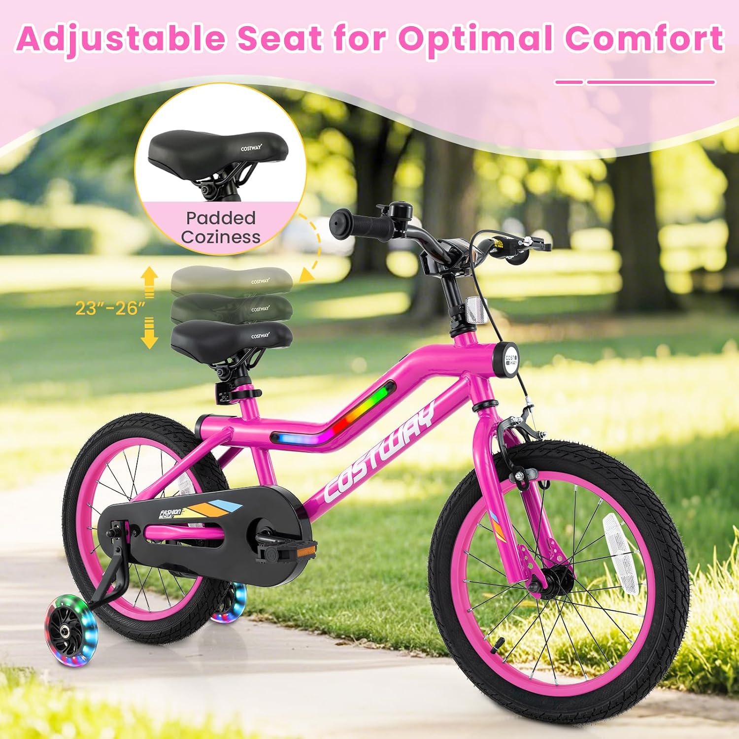 COSTWAY 16'/18' Lighted Kids Bike, Children Sport Bicycle with LED Light-up Frame, Adjustable Saddle, Training Wheels, Handbrake & Coaster Brake, Kids Riding Bike for 4-7/4-8 Years Old Boys & Girls