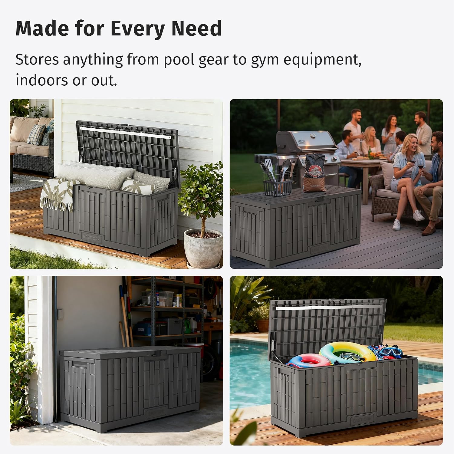 EAST OAK 120 Gallon Outdoor Storage Box, Large Resin Deck Box with Reinforced Stainless Steel Support, Waterproof & UV-Resistant Patio Storage Boxes for Cushions, Garden Tools & Pool Accessories, Grey