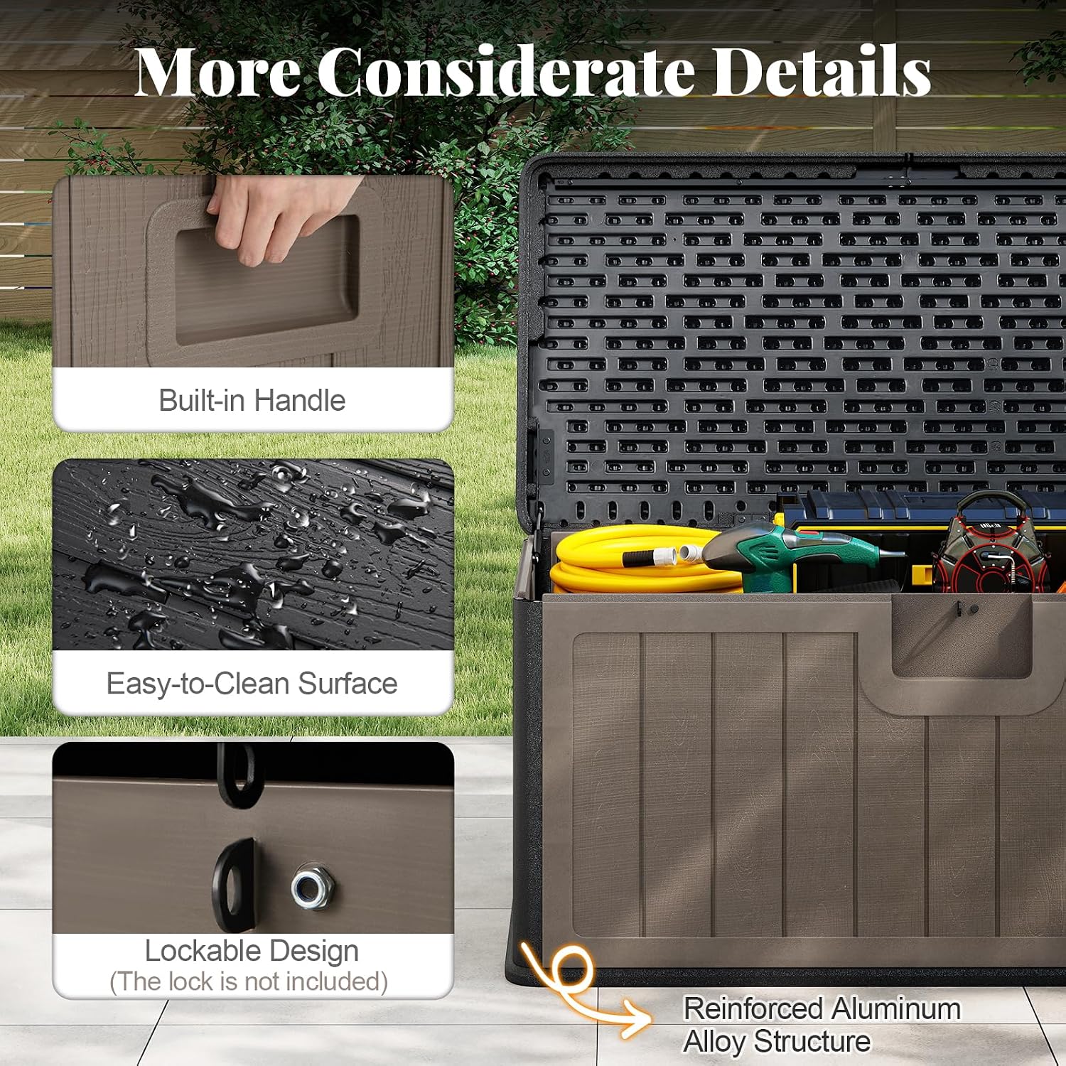 HAPPYGRILL Outdoor Storage Deck Box with Lockable Design & Gas Strut, Handle, 100 Gallon HDPE Patio Storage Organizer for Lawn Backyard Poolside (Black Brown)