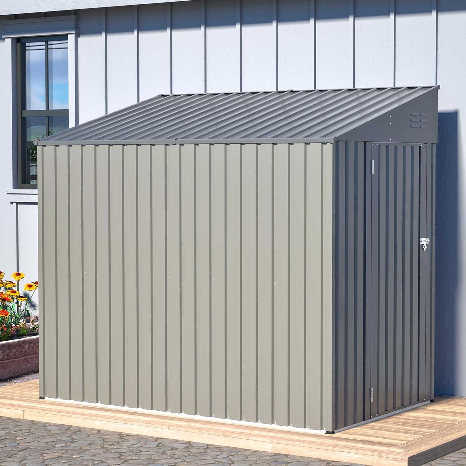 YOPTO 4x7 FT Outdoor Storage Shed,Lean to Lockable Metal Garden Shed Steel with Reinforced Beams,All Weather Waterproof Storage House W/Lockable Door&2 Air Vents,for Backyard,Patio,Lawn,Garden,Gray