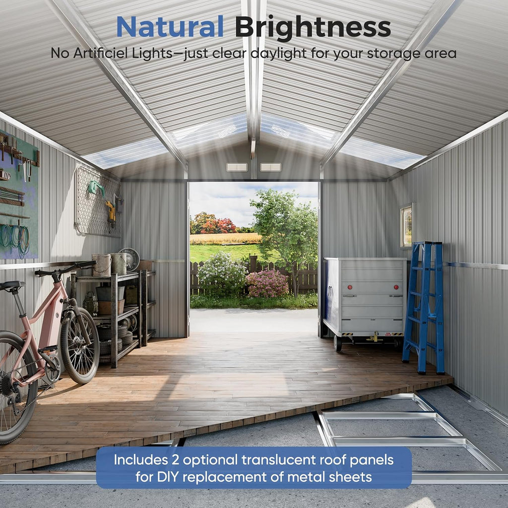 K Knowbody 10x10 FT Outdoor Storage Shed with Floor Base | Super-Reinforced Steel Shed | Skylight Roof & Windows | 15-Year Anti-Rust | Lockable Garden Storage