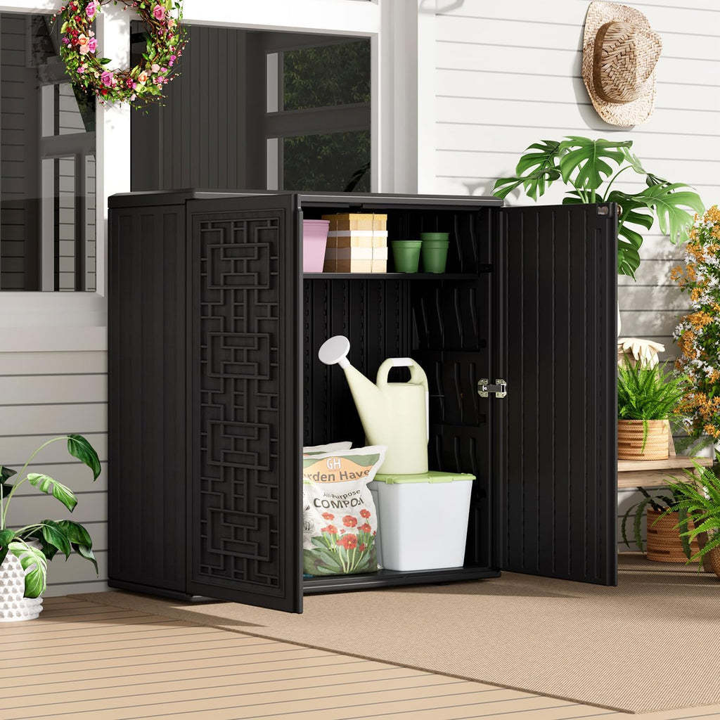 HOMSPARK Indoor/Outdoor Storage Cabinet with Doors and Shelf, 34'x15'x36' HDPE Plastic Storage Box Waterproof for Patio, Garden, Balcony, Multi-Purpose for Daily Tools, Black