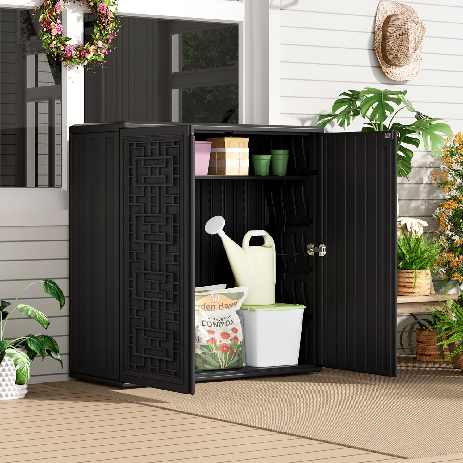 HOMSPARK Indoor/Outdoor Storage Cabinet with Doors and Shelf, 34'x15'x36' HDPE Plastic Storage Box Waterproof for Patio, Garden, Balcony, Multi-Purpose for Daily Tools, Black