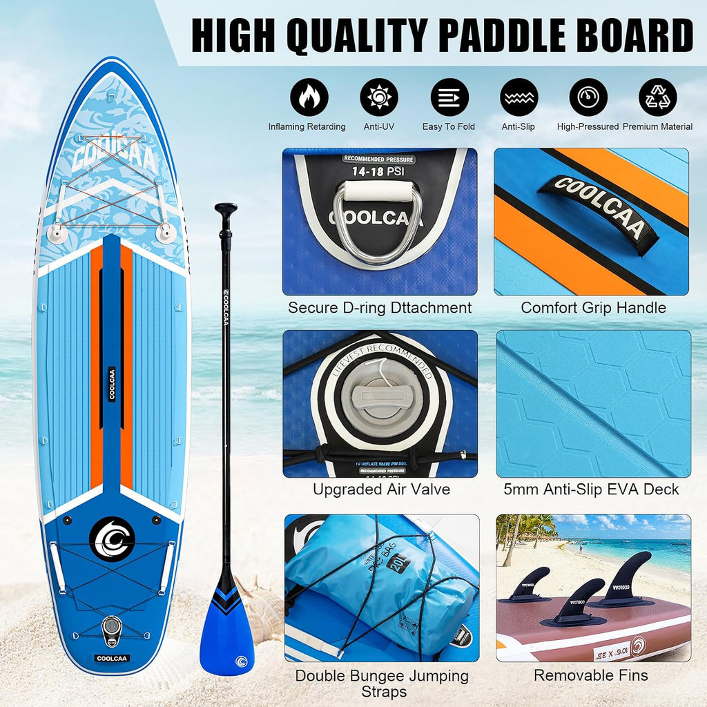 COOLCAA Dolphin Inflatable Paddle Board, Extra Wide & Stable SUP for Family and Beginners, Versatile for Water Activities, with Complete Accessories & Backpack