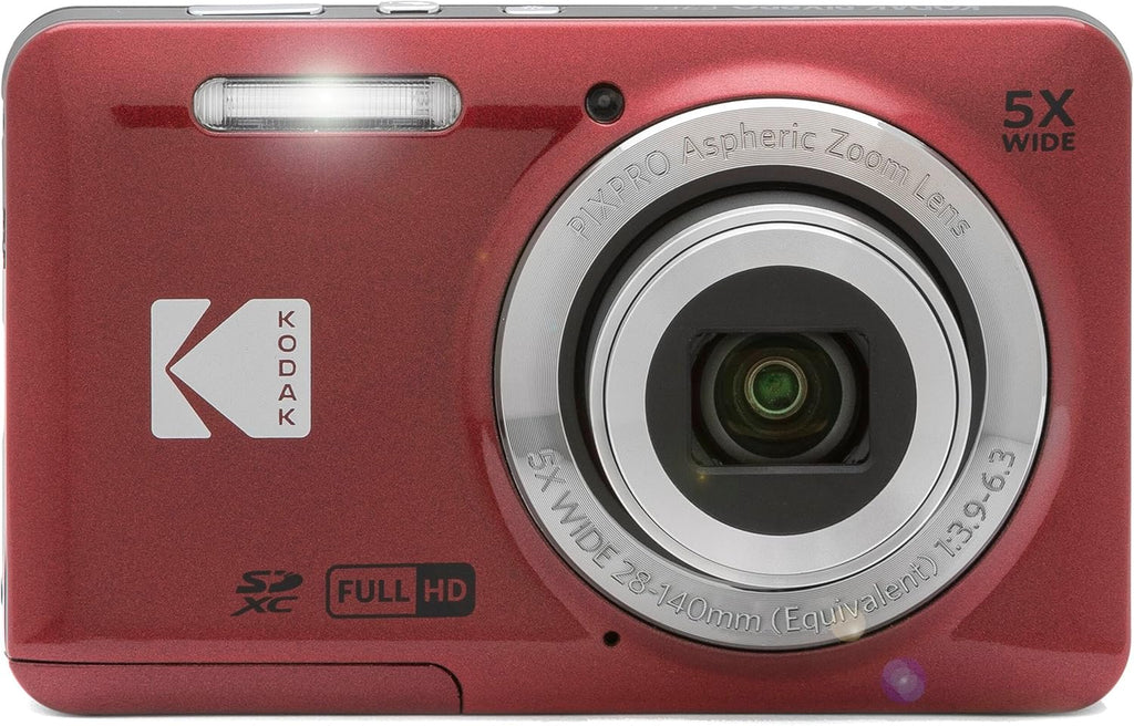 Kodak PIXPRO FZ55 Red 16MP Digital Camera 5X Optical Zoom 28mm Wide Angle 1080P Full HD Video 2.7' LCD Camera + 64GB Card and Reader + Memory Wallet + Tripod + Cleaning Bundle