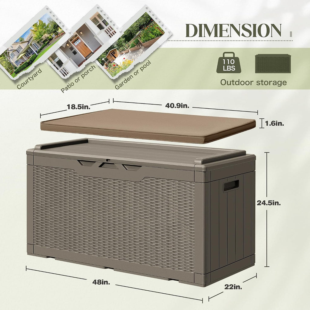 Greesum 100 Gallon Resin Deck Box Large Outdoor Storage with Cushions for Patio Furniture, Garden Tools, Pool Supplies, Weatherproof and UV Resistant, Lockable, Coffee