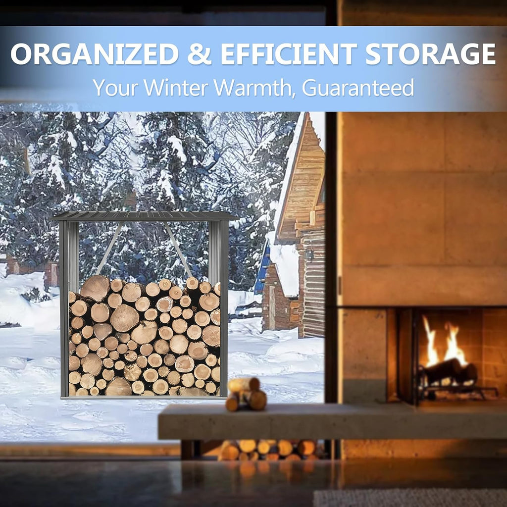 3' x5' Firewood Rack Outdoor, Metal Fire Wood Racks with Weatherproof Sloped Roof - Heavy Duty Galvanized Steel Log Rack, Open Wood Shed for Fireplace, Firewood, Pellet, or Lumber Storage - Black
