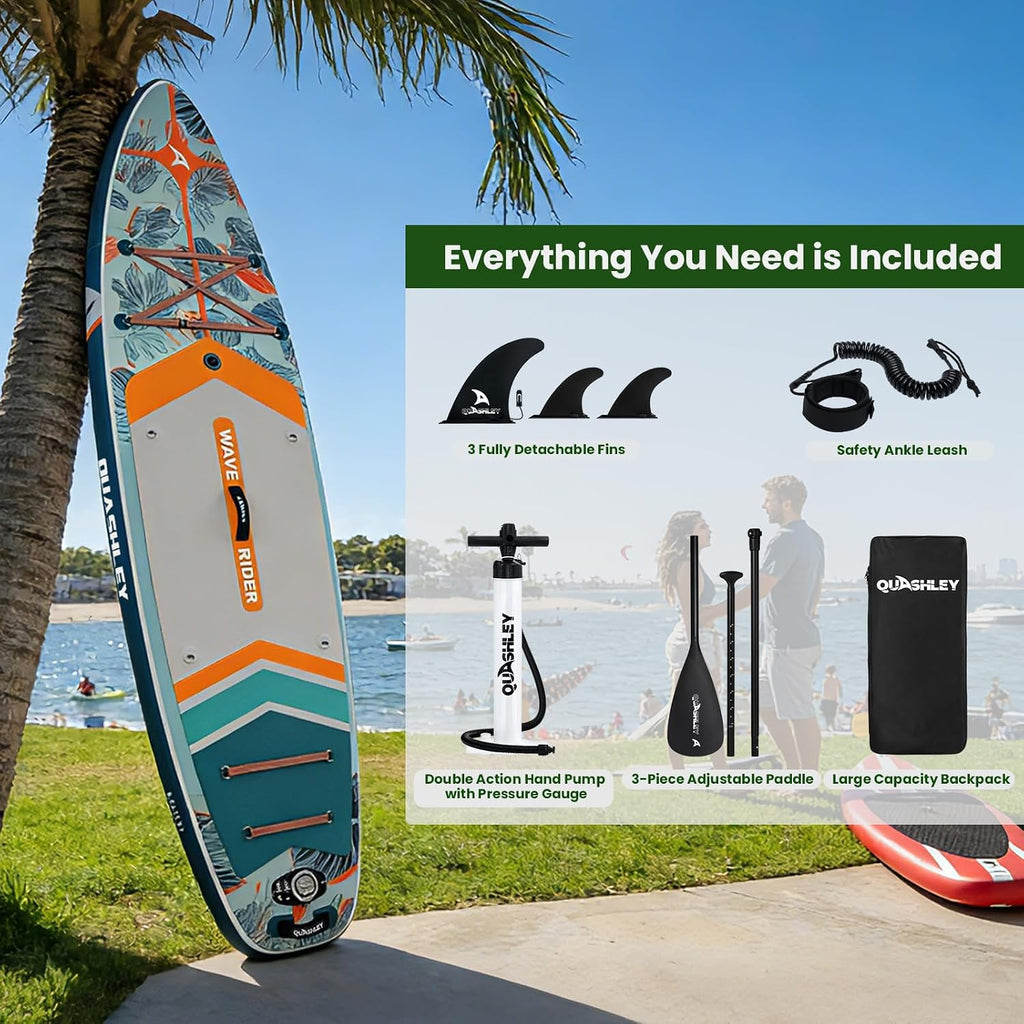 Quashley Inflatable Paddle Board Extra Wide Stand Up Paddleboards 11'×34' with All Premium Paddle Board Accessories,Inflatable SUP for Adults/Family,Beginner-Friendly,Removable Fin,Hand Pump