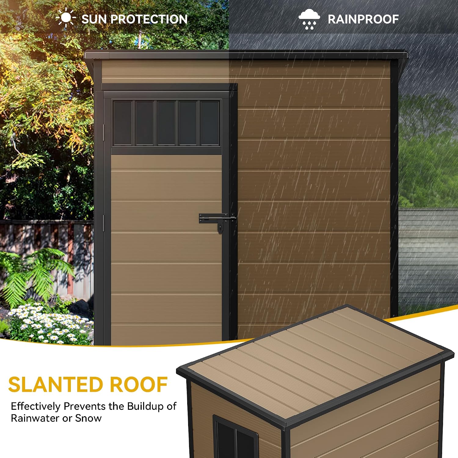 DWVO 5x3FT Outdoor Storage Shed, All-Weather Resin Plastic Storage Shed with Windows, Slanted Roof, Raised Floor, 65 cu.ft Capacity for Garden Tools & Equipment, Ideal for Backyard & Garden, Brown