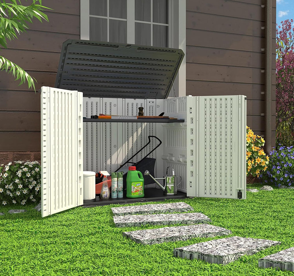 HOMSPARK Storage Shed Weather Resistance, Multi-Purpose Outdoor Storage Cabinet for Backyards and Patios, 26 Cu.ft Capacity Horizontal Storage Shed for Bike, Lawnmower, Trash Cans, Patio Accessories