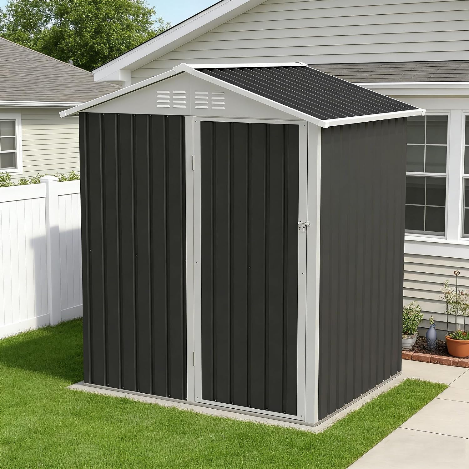 YOPTO 5.4x4.27 FT Outdoor Storage Shed, Metal Garden Tool Shed with Sloping Roof and Lockable Doors for Backyard Garden Patio Lawn, Grey