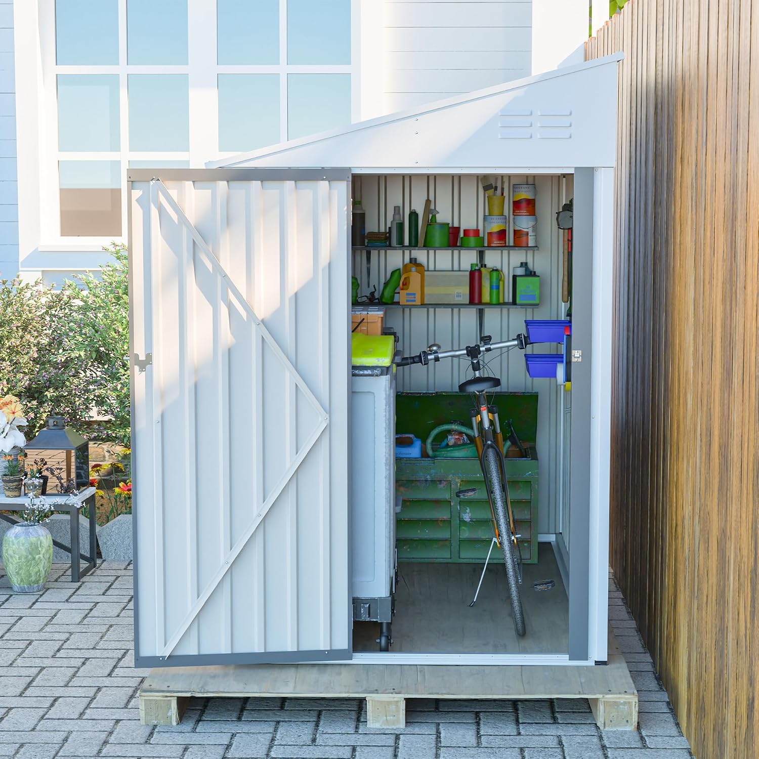 YOPTO 4x7 FT Outdoor Storage Shed,Lean to Lockable Metal Garden Shed Steel with Reinforced Beams,All Weather Waterproof Storage House W/Lockable Door&2 Air Vents,for Backyard,Patio,Lawn,Garden,White