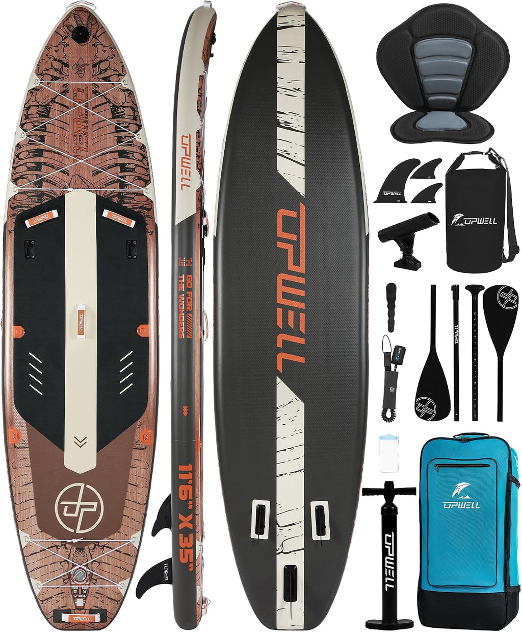 UPWELL 10'6'/11'/11'6' Inflatable Paddle Board, Stand Up Paddlboard for Youth & Adults, Stable Design, Premium SUP Accessories, Backpack, Leash, Hand Pump, Fins