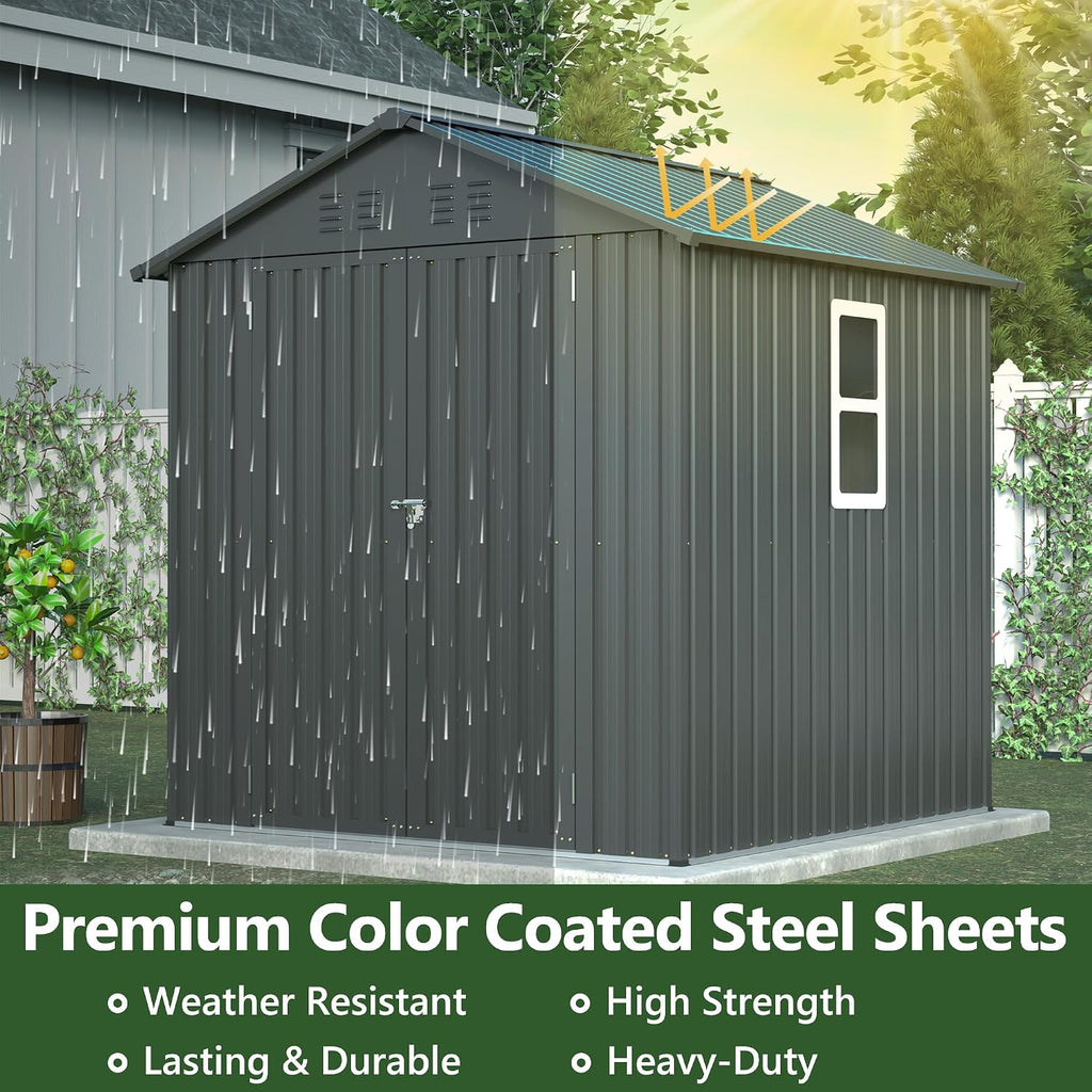 6x6FT Outdoor Storage Shed，Heavy-Duty Metal Storage with Vents and Clear Window