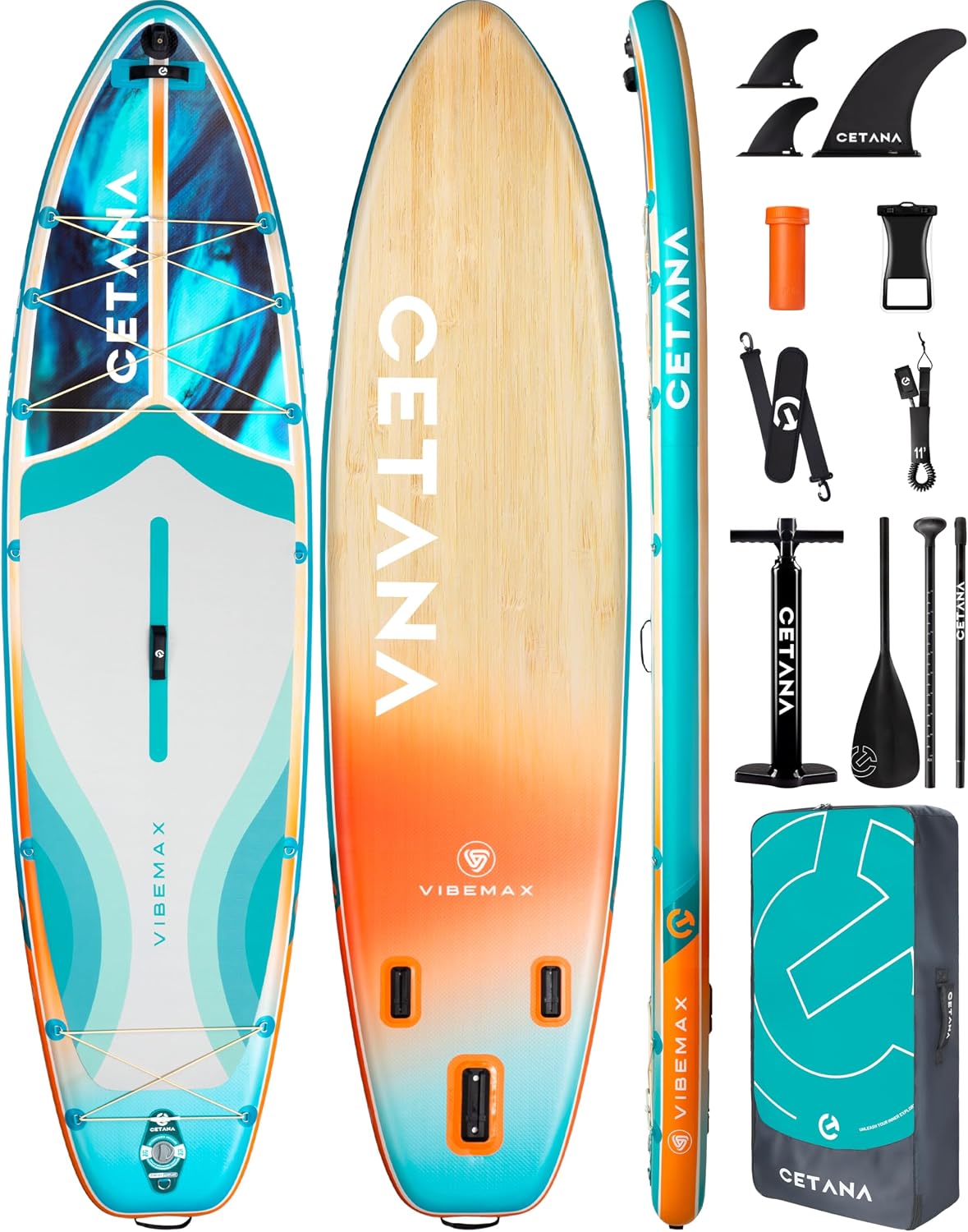 CETANA 11'6×35' Extra Wide Inflatable Paddle Board,Stand Up Paddle Board for Beginner,450lb Capacity SUP for Family with Safety Leash,3 Removable Fins,Dual-Action Pump& Floating Paddle