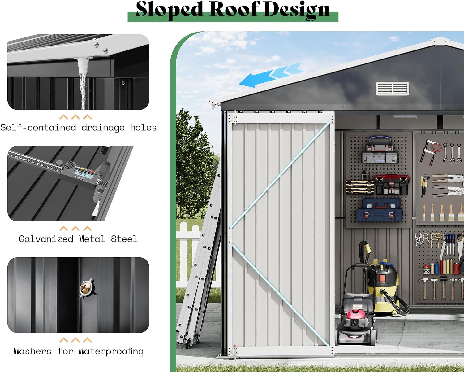 AMERLIFE 10x12x7 FT Outdoor Storage Shed with 2 Transparent Panels, Metal Garden Shed with Hinged Double Doors, 2 Windows & 4 Vents, Reinforced Steel Frame for Garden, Backyard, Dark Gray