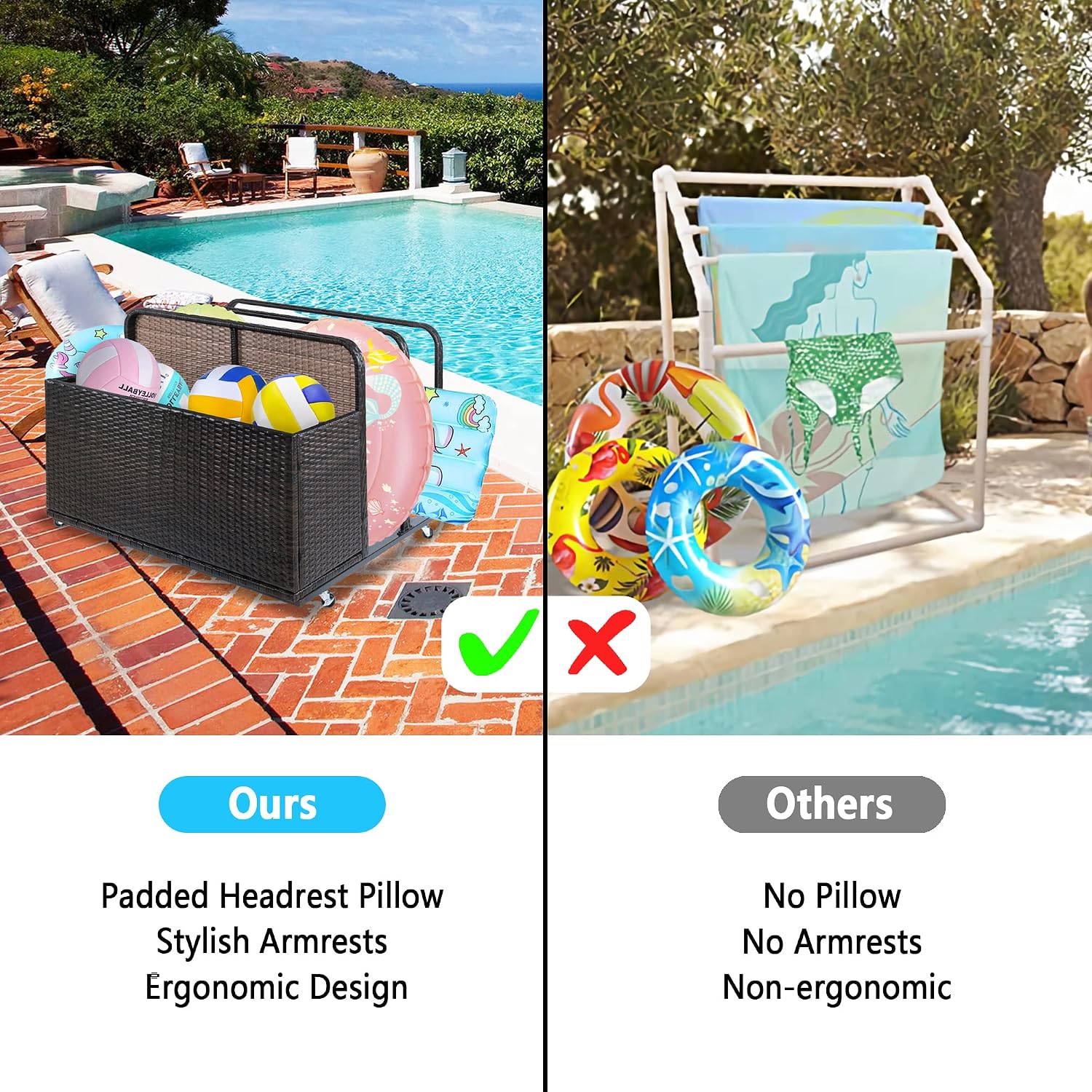 Double Layer Poolside Float Storage, Outdoor Storage, PE Rattan Outdoor Pool Caddy with Rolling Wheels for Floaties, Patio Poolside Float Storage Basket, Storage Box, Patio, Pool, Beach-Sturdy