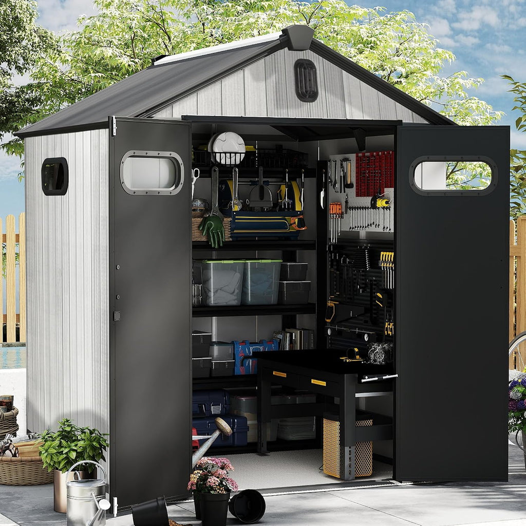 Domi 6x6 FT Outdoor Resin Storage Shed, All-Weather Double-Wall Storage Building for Backyard, Garden, Lawn Tools, Mower, Bike & Pool Equipment, Lockable Doors, Ventilated Roof, Grey