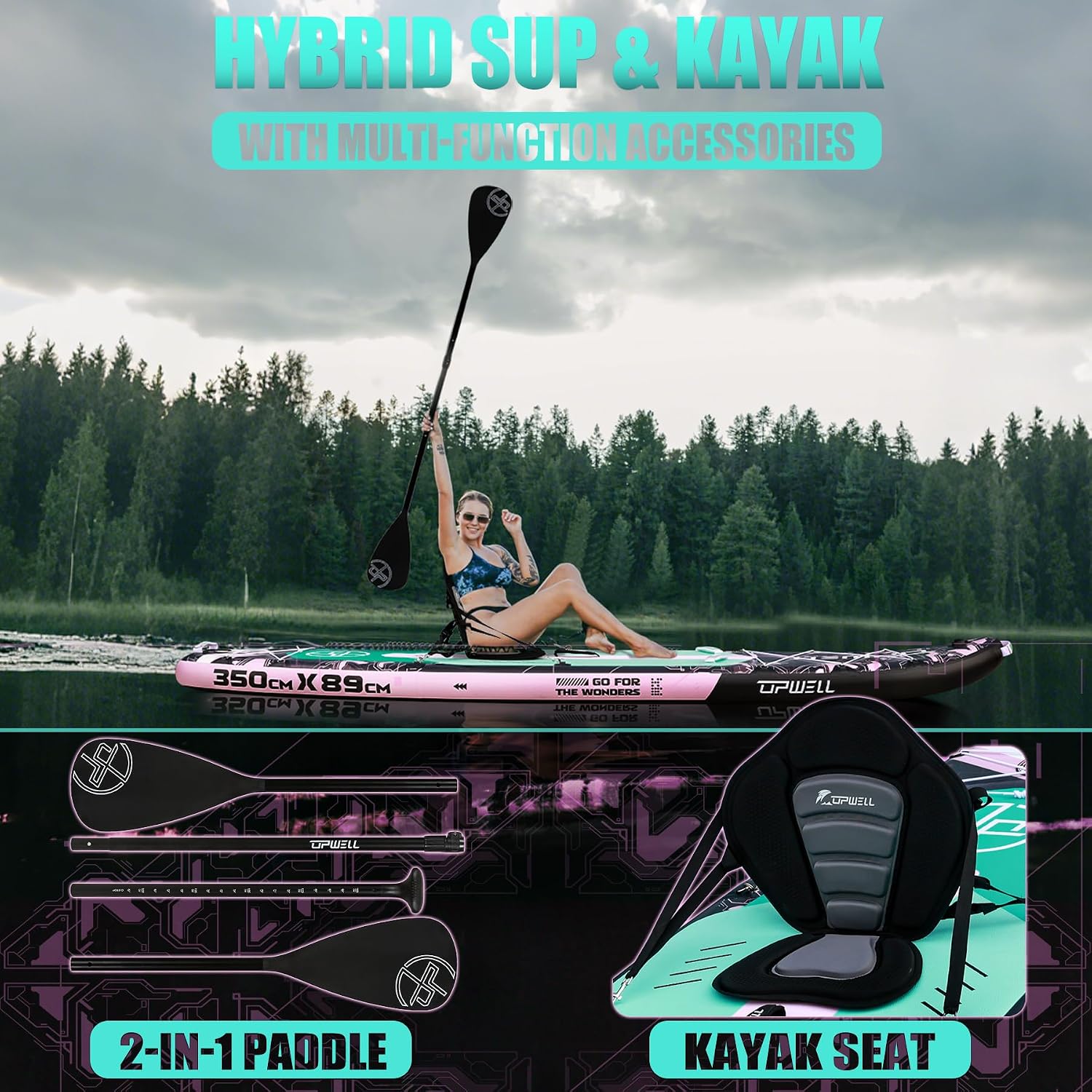 UPWELL 11'6'×35' Extra Wide Inflatable Paddle Board, Stand Up Paddle Board for Youth & Adults, Stable Design, Premium SUP Accessories, 120L Backpack, 10L Dry Bag, Paddle, Leash, Hand Pump, US Fins
