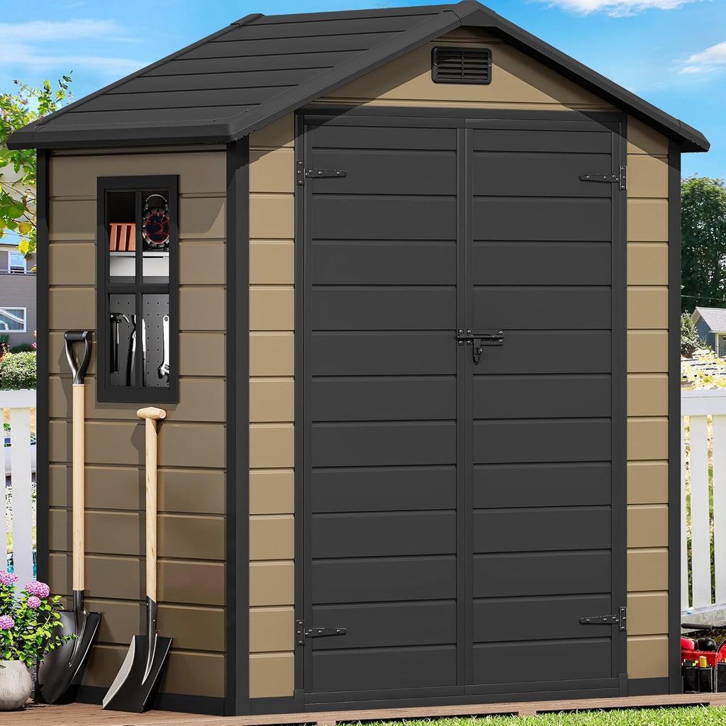 DWVO 6x4 FT Resin Storage Shed with Floor, Outdoor Storage Shed with Lockable Door, Window and Vents, Waterproof Plastic Tool Storage for Garden, Patio, Backyard, Lawn