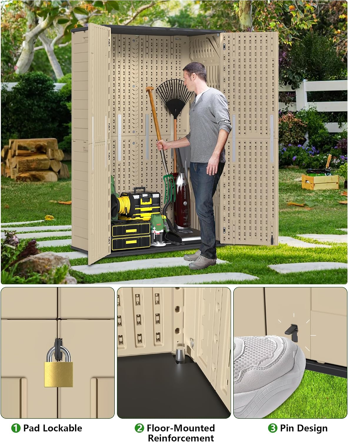60 Cu.Ft Vertical Outdoor Storage Shed, Weatherproof Outdoor Tall Cabinet, Lockable Resin Shed with Double-Wall Panels and Floor for Garden, Garage, Patio(Shelves Not Included)