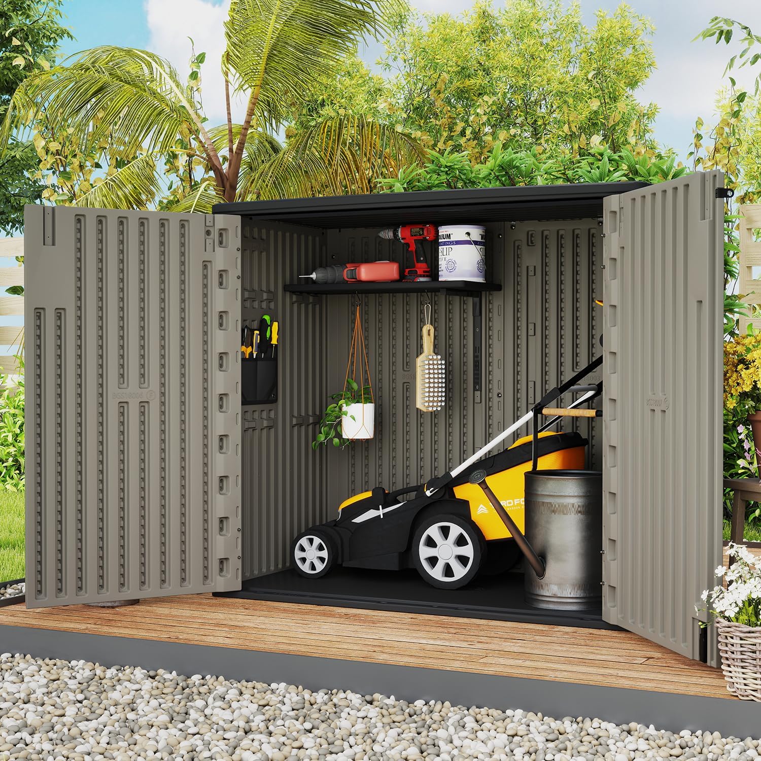 ZZM 37 Cu.ft Outdoor Storage Shed with Floor HDPE Double-Wall Resin Sheds Outdoor Storage, Lockable Weatherproof Storage Cabinet Fit for Garden Tools, Garage can, Bike, Patio Furniture, Brown