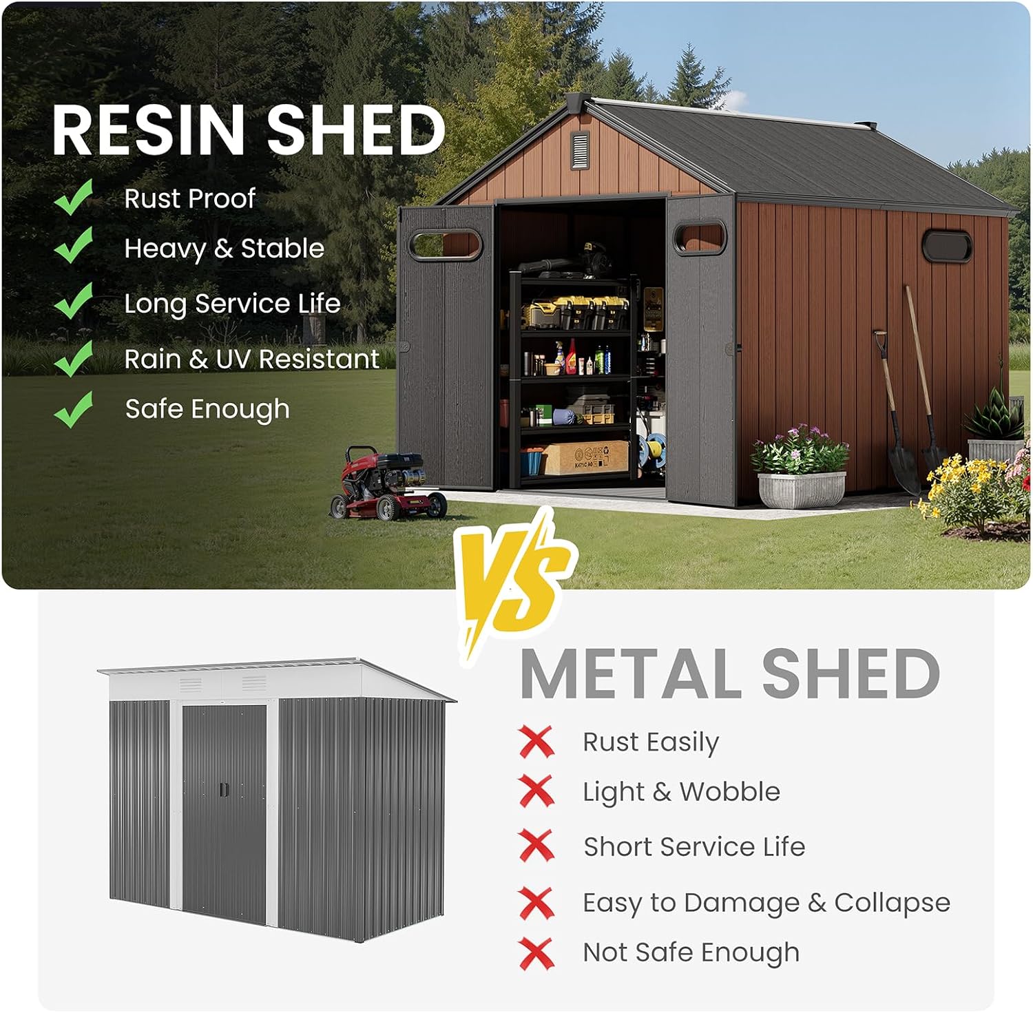 CRESTLIVE 8x10 FT Rust-Resistant Plastic Outdoor Storage Shed, Waterproof Resin Garden Shed with Floor, Doors, Skylight & Vent for Lawn Tools & Bikes