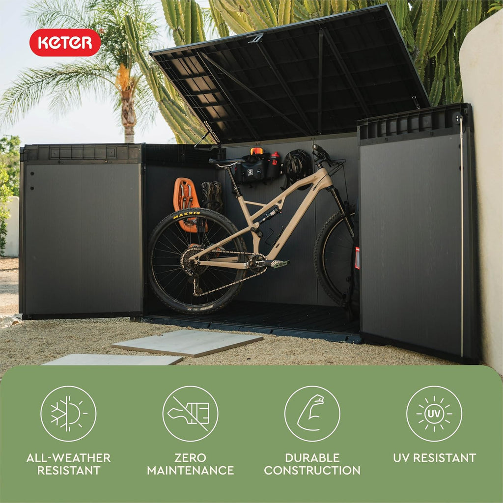 Keter Cortina Mega All‑Weather Outdoor Resin Horizontal Storage Shed with Lockable Doors, Garbage Bin & Yard Equipment Storage, Durable Patio Storage Cabinet, Graphite